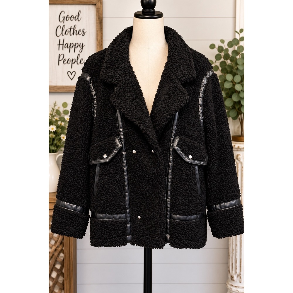 Katydid Black Sherpa Faux Shearling Jacket Faux Leather Trim Moto Coat Small NEW